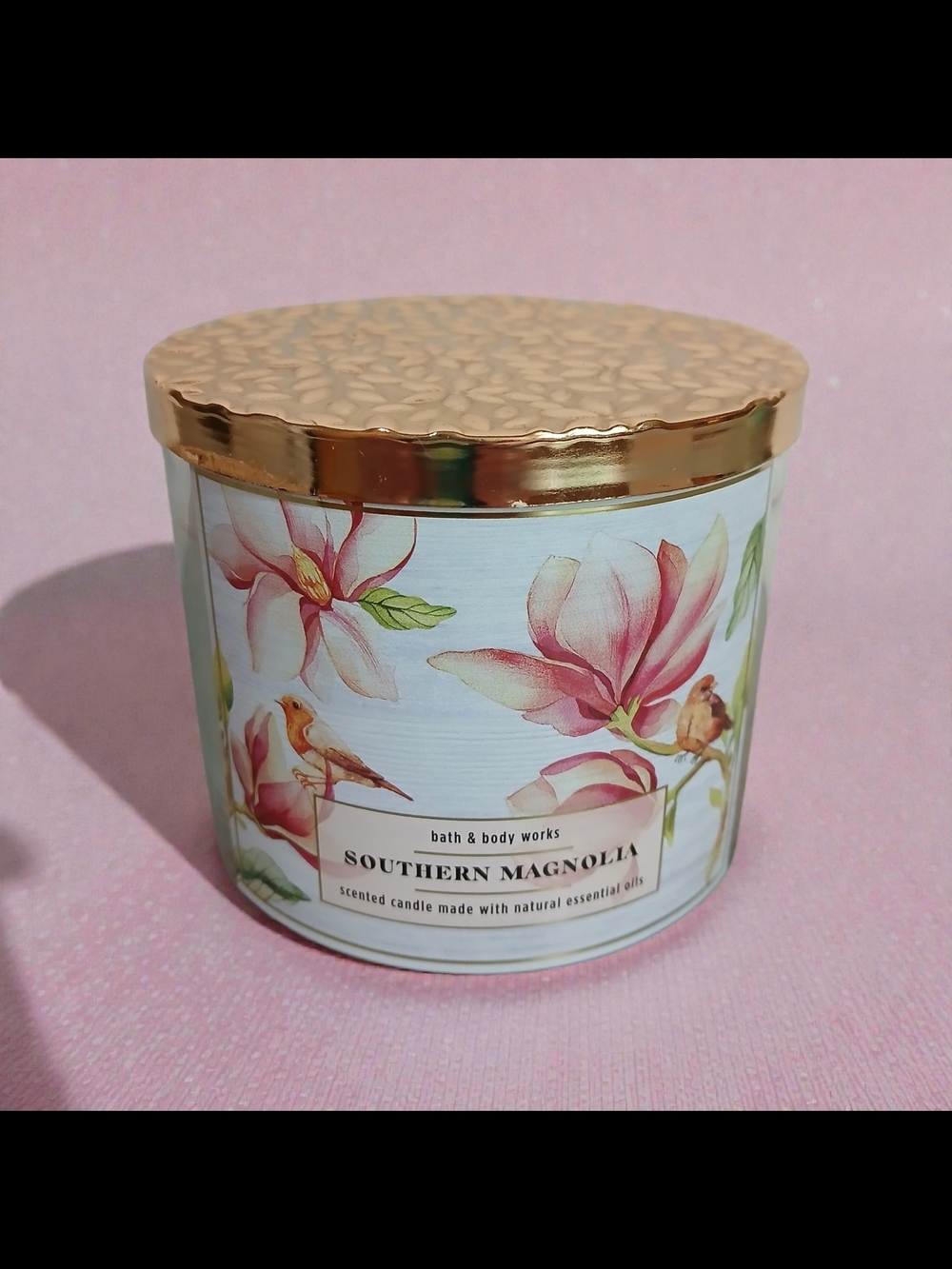 Bath & Body Works Southern Magnolia Candle - Pink & Gold Floral*Wax Is Cracked*